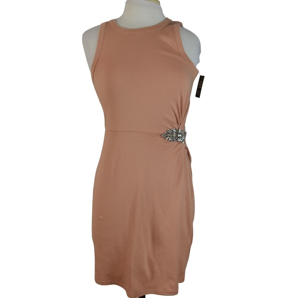 Express Blush Pink Rhinestone Embellished Mini Dress Knit Ruched Size Small NWT